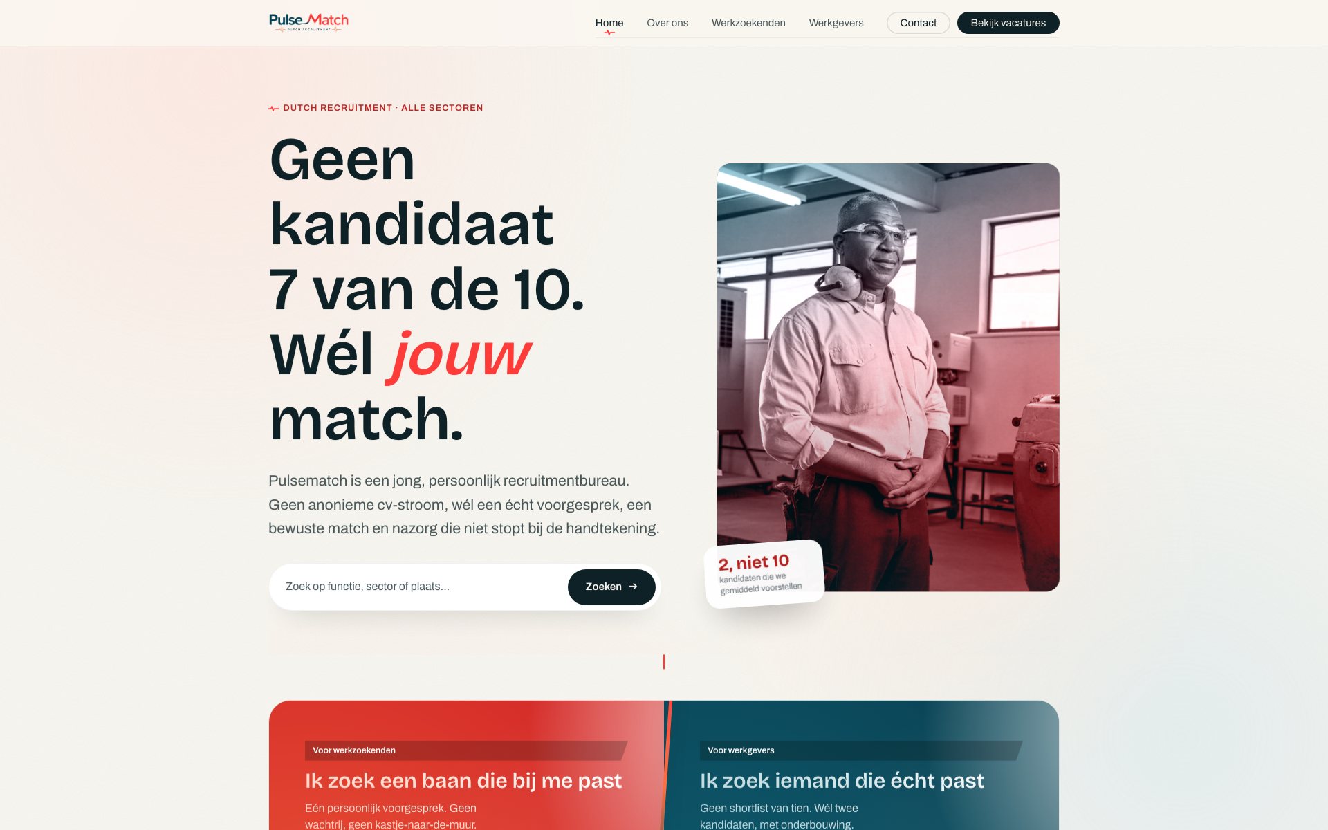 Homepage van Pulsematch.nl, met de headline 'Geen kandidaat 7 van de 10. Wél jouw match.'
