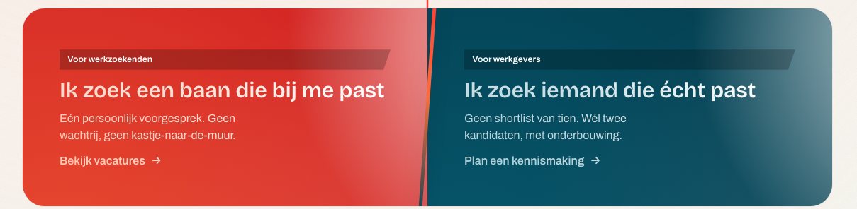 De werkzoekenden- en werkgeverskant van Pulsematch.nl, naast elkaar in rood en petrol