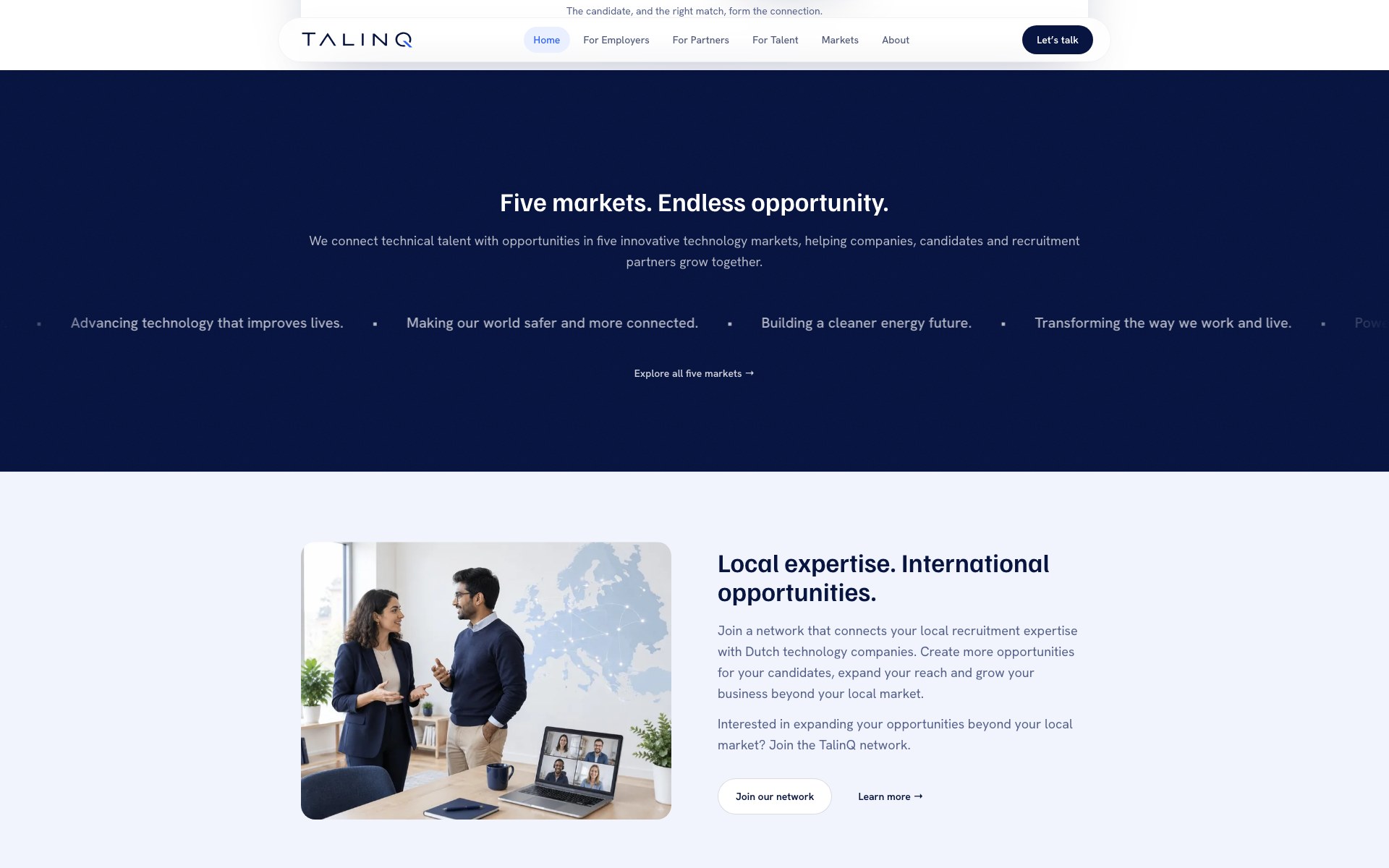 De 'Five markets' sectie op talinq.nl met het internationale netwerk van lokale recruitmentpartners