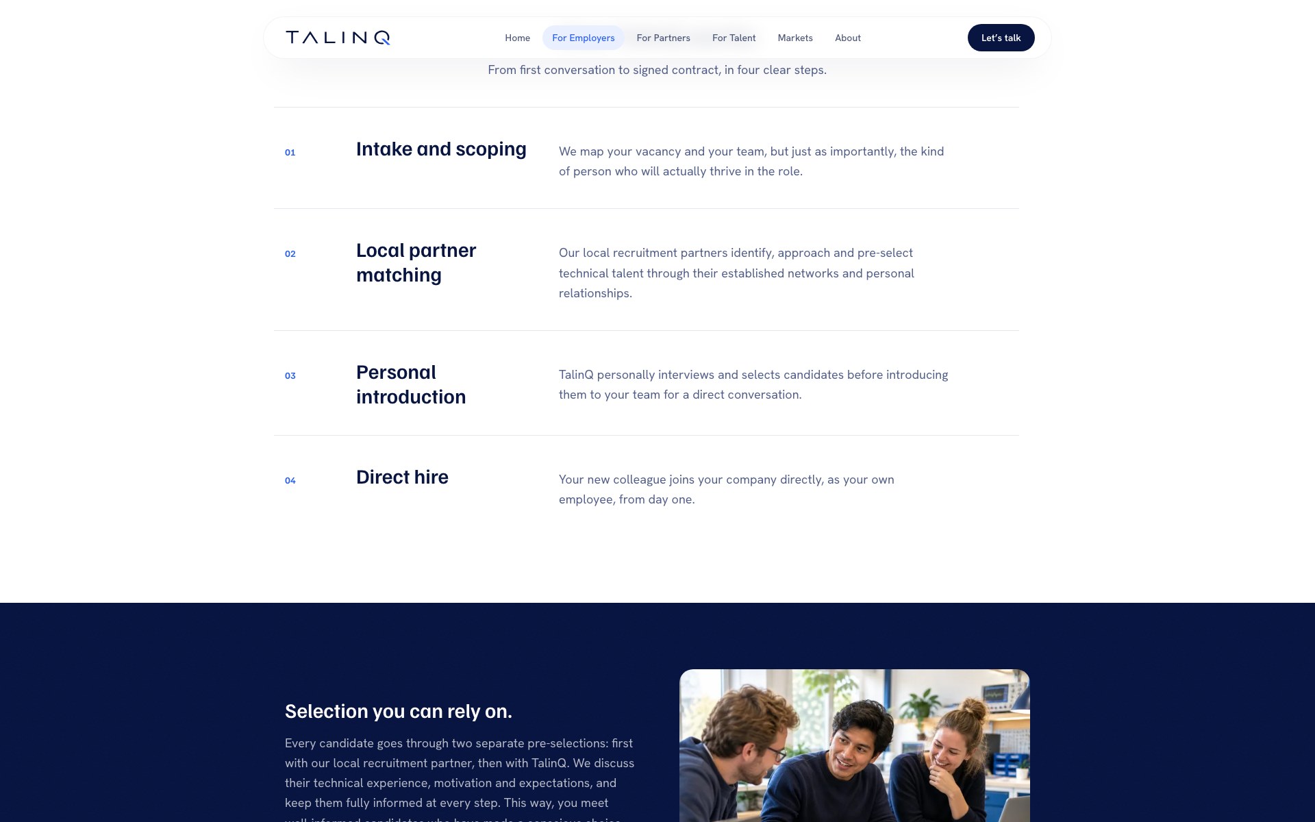 Het TalinQ-model in vier stappen, van intake en scoping tot directe indiensttreding